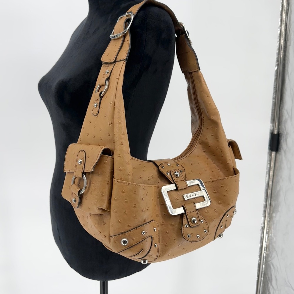 Vintage Guess Y2K Ostrich Faux Leather Shoulder Bag G Silver‎ Studded 2000s